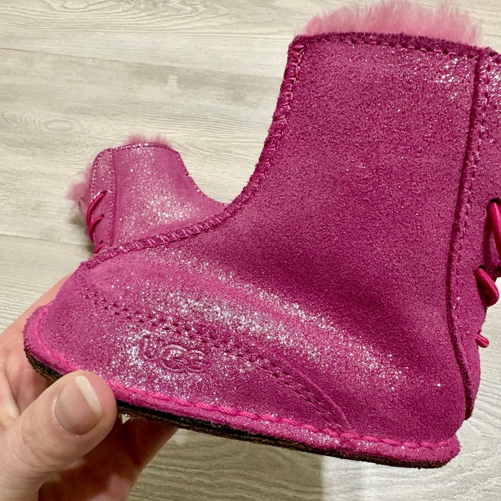 UGG Australia Baby Boo Glitter Elastic Lace Back SlipOn Fuzzy Toddler Boots Pink - Picture 3 of 10